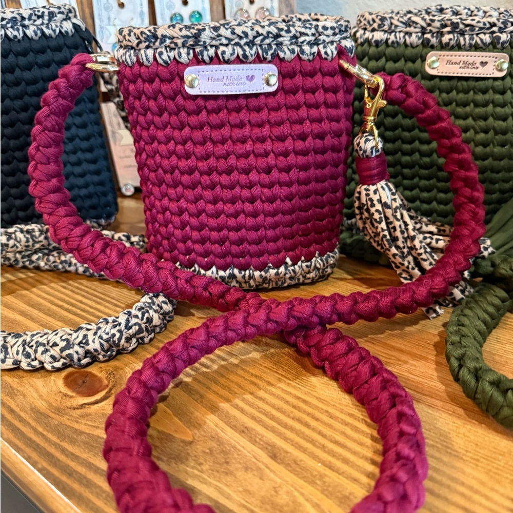 Handmade Burgundy Crochet Bucket Bag with Leopard Trim
